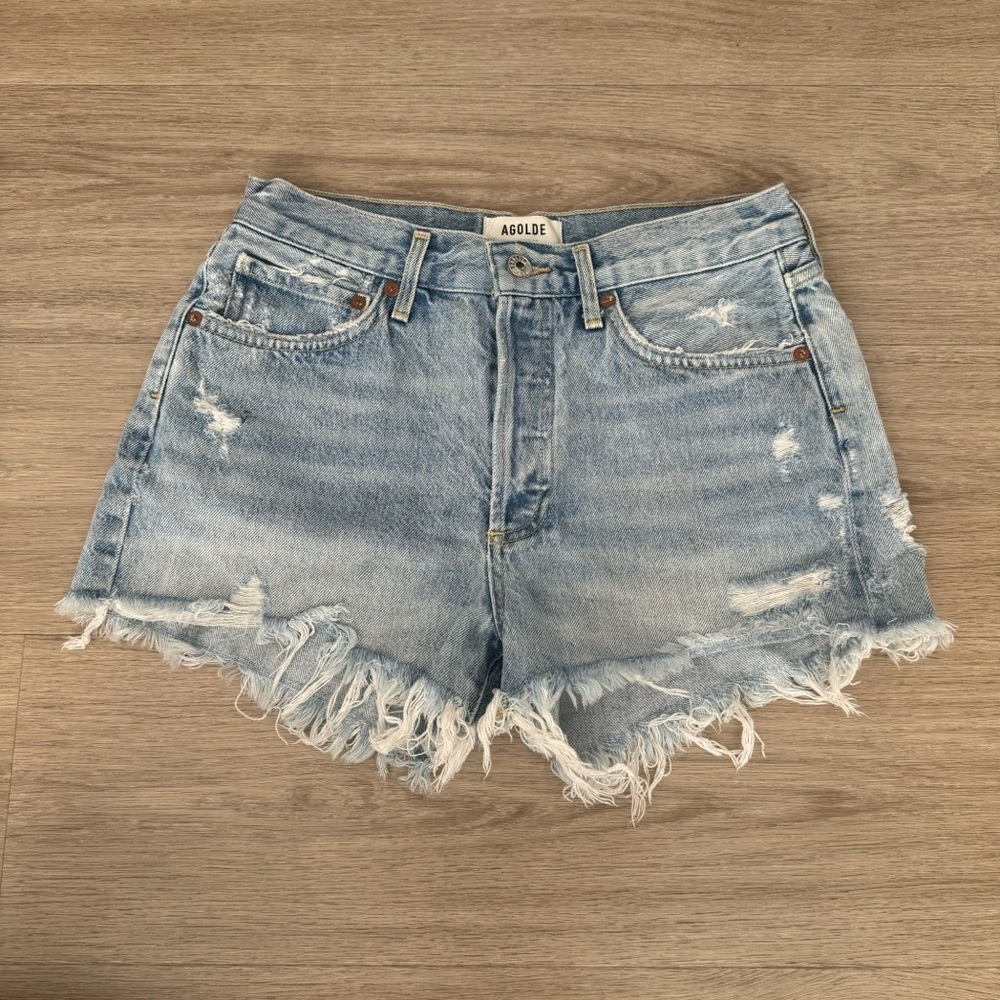 agolde light blue high waisted rise distressed ripped denim jeans shorts bottom